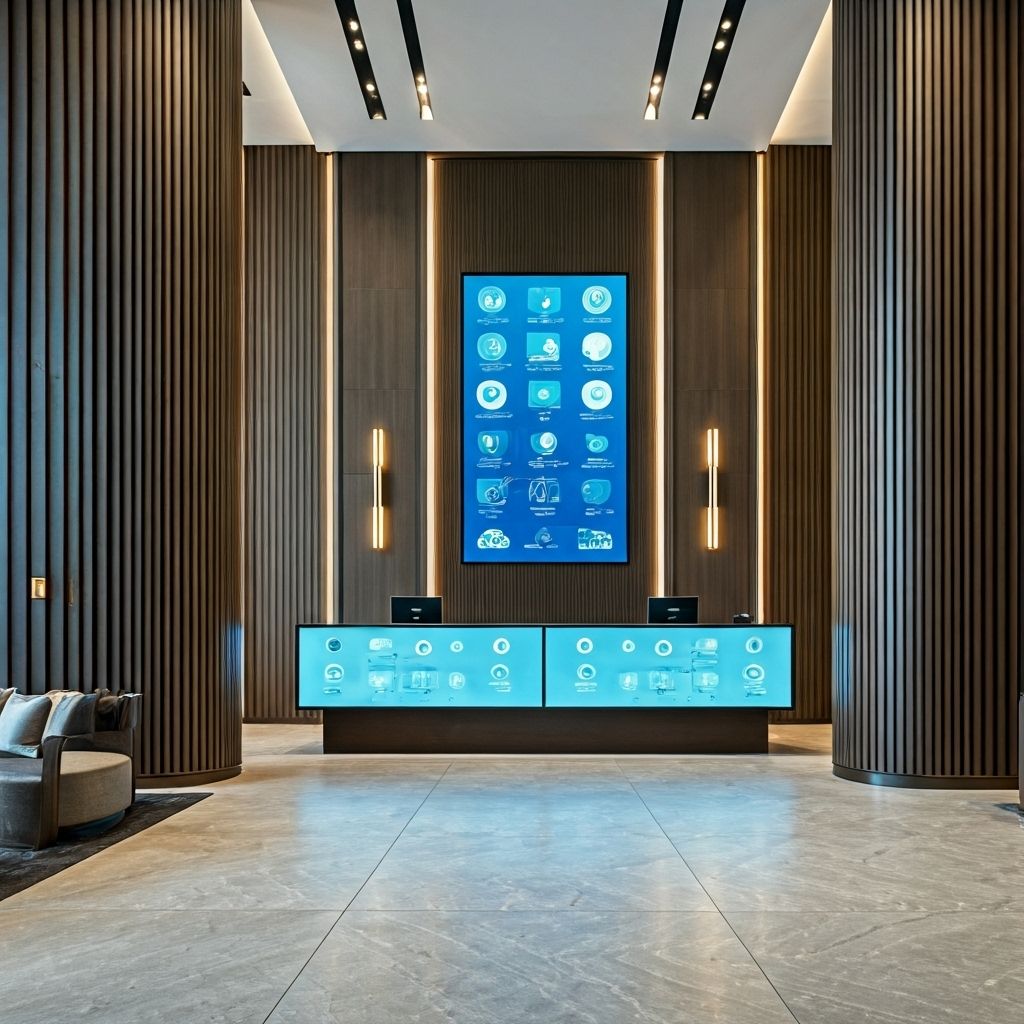 Modern hotel lobby with AI interface